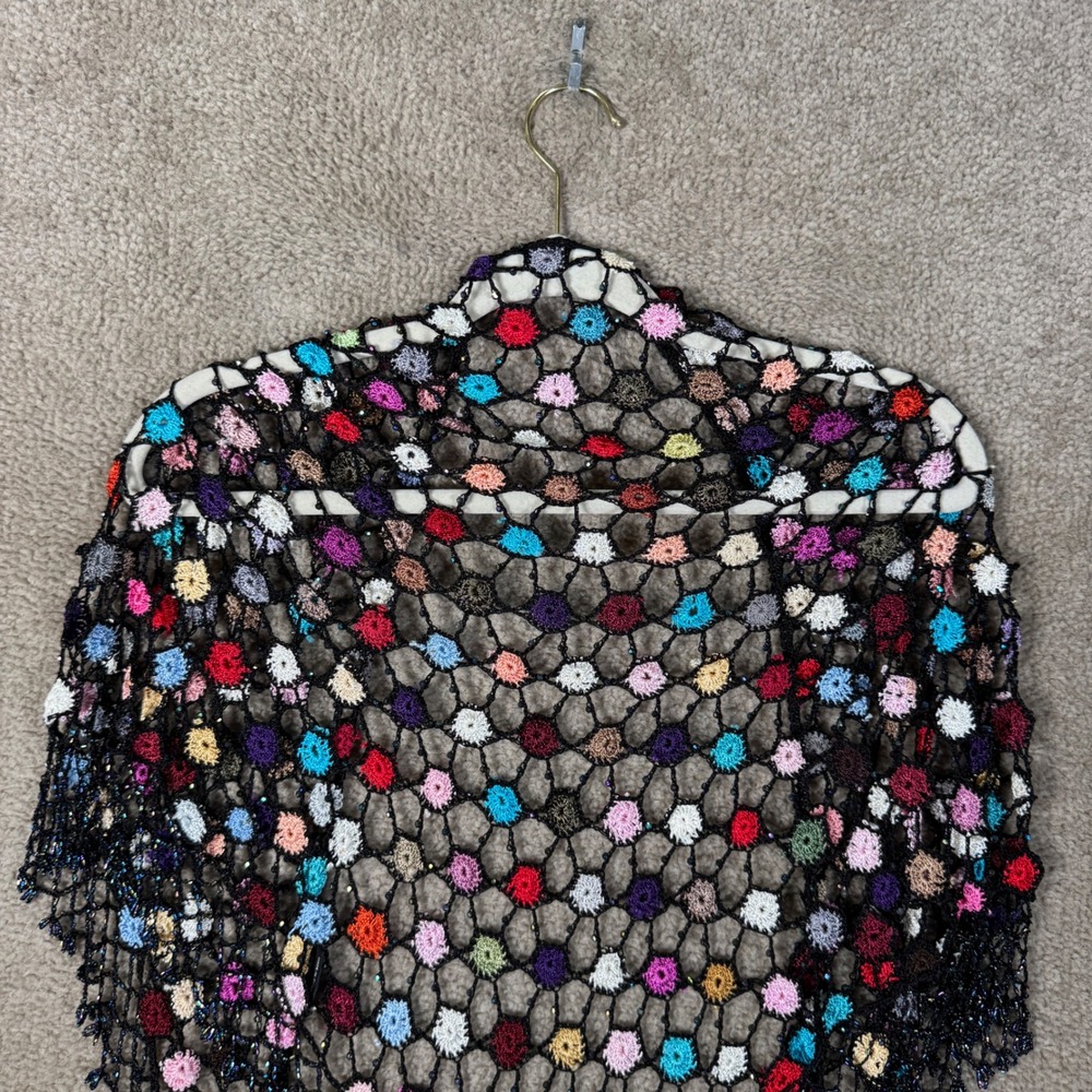 Artsy Crochet Shawl Women One Size Black Multi Color Beaded Fringe Boho Wrap - Picture 9 of 10